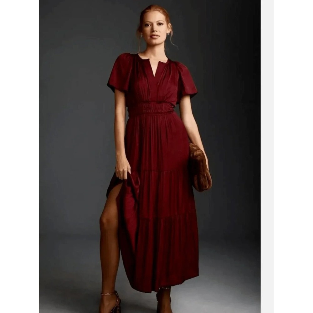Anthropologie Somerset Maxi Dress Red Wine Smocked Size M Satin Boho Tiered Fall